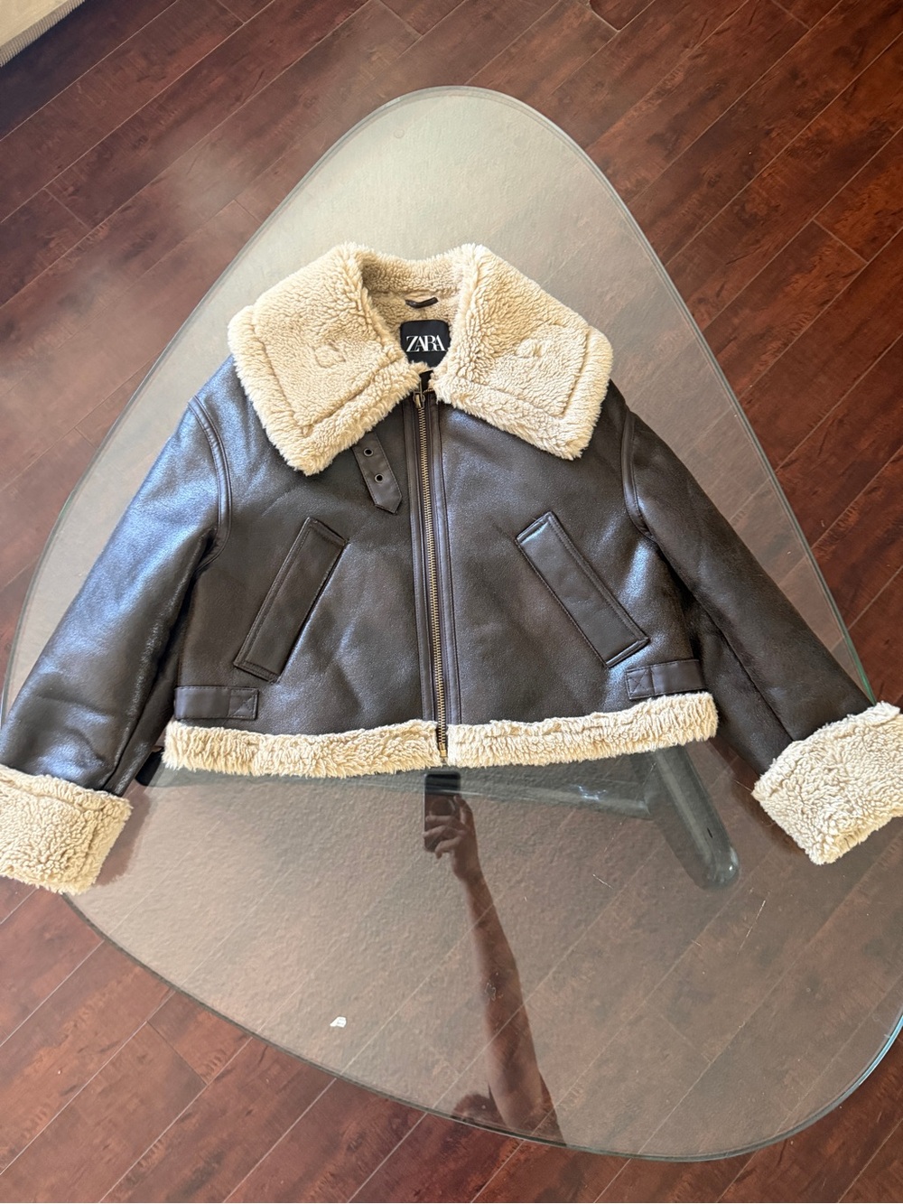 Zara Women Dark Brown Faux Leather Aviator Jacket with Cream Sherpa